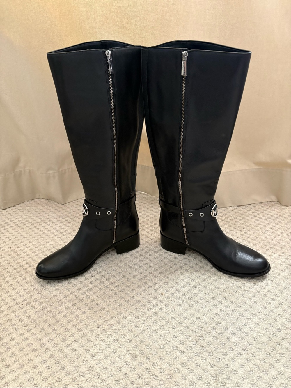 Michael Kors Black Leather Over-the-Knee Riding Boots with Logo Harness - Picture 3 of 10